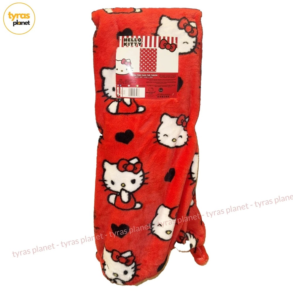 Hello Kitty Ultra Fine Faux Fur Throw Blanket - Red/Black Hearts 50"x70"